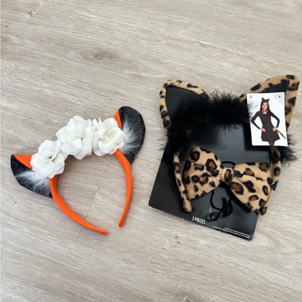 Leopard Cat Ears and Floral Headband Set